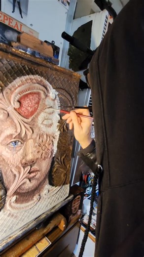 the transmogrification of architectural salvage into a new form, allowing the inhospitable and adversarial chaos of the raw surface to inform and sculpt in this instance, a victorian tin ceiling tile #jasonbarnett #darksurrealism #contemporaryartist #experimental #architecturalsalvage #oilpainting | Jason Wayne Barnett Art