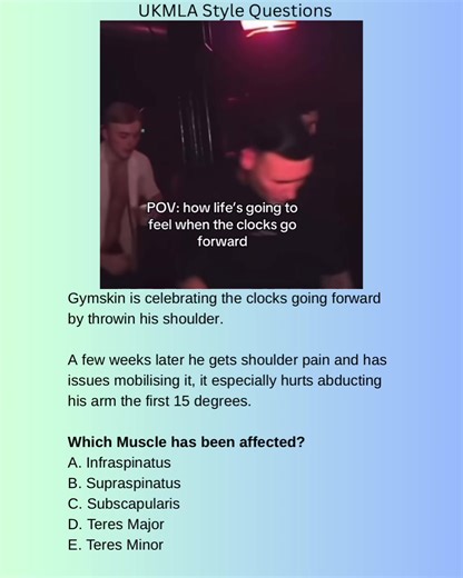 **Which Muscle has been affected?** A. Infraspinatus B. Supraspinatus C. Subscapularis D. Teres Major E. Teres Minor **Correct answer: B. Supraspinatus** **Explanation** The key clinical clue is pain during the first 15 degrees of shoulder abduction. - Initiation of abduction (0–15°) is primarily performed by the supraspinatus muscle - After ~15°, the deltoid becomes the main abductor A shoulder injury followed weeks later by pain and difficulty mobilising the joint, particularly affecting early
