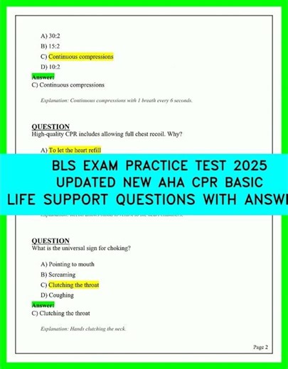 BLS EXAM PRACTICE TEST 2025 UPDATED NEW AHA CPR BASIC LIFE SUPPORT QUESTIONS WITH ANSWERS FINAL EX