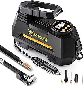 AstroAI Digital Tyre Inflator, Portable Air Compressor Tyre Pump 100 PSI 12V with 2 Ways to Screw & Clip on Valve Connector,Car, Bicycle, Motorcycle Ball Air Mattress ,Yellow(Renewed)