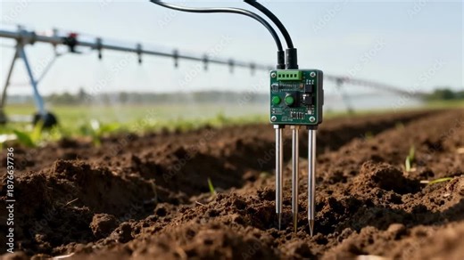 Closeup of sensors placed in soil measuring moisture levels to optimize water usage in a modern agricultural setup.