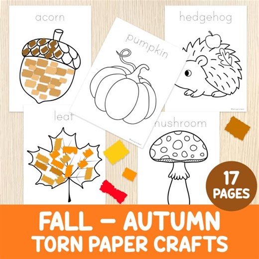 Fall Torn Paper Crafts - Autumn Worksheets - Fall Tracing Practice - Fine Motor