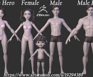 ArtStation - 5 Cartoon stylized boy male female hero character basemesh High-poly Low-poly cute old zbrush pixar dreamwork style 3D Print Mesh average character woman female torso head body foot hand highpoly basemesh young anatomy | Resources