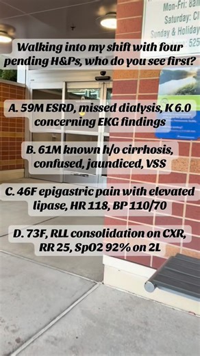 Sketchy on Instagram: "Which patient are you seeing first? Vote below and then see the explanation in the caption. Save 20% off Sketchy with code PLAN20 - access all of Sketchy’s lessons for preclinical and clinical alongside over 70+ patient cases to practice your differential diagnosis! Answer: 1️⃣ A → 2️⃣ D → 3️⃣ C → 4️⃣ B Why: Hyperkalemia with ECG changes is immediately life-threatening. #patientpriority"
