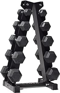 Centr Dumbbell Set with Rack, 150 LB, 5 Pairs Dumbbell Weight Set - Rubber Hex Fitness Weights for Home Gym with A-Frame Storage Rack - Exercise & Workout Weights for Muscle & Strength Training