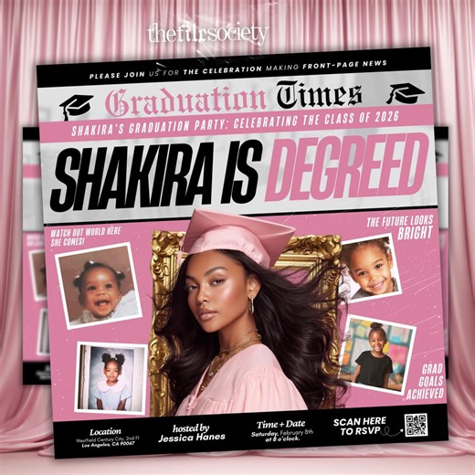 Newspaper Graduation Invite Template, Pink Class of 2026 Senior Photo Collage, Editable DIY Grad Party Gold Canva Announcement Flyer - Etsy