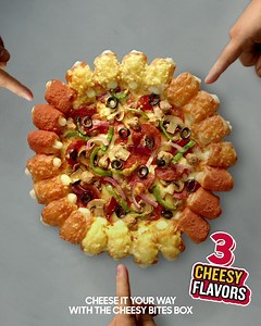 Crunch it, pop it, dip it, cheese it your way! Get the Cheesy Bites Box with one medium Cheesy Bites Trio pizza and two extra cheesy sides. Order now for 6.0 BD | Pizza Hut