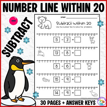 Arctic & Polar Animals Number Line Subtract Within 20 Worksheets No Prep Winter