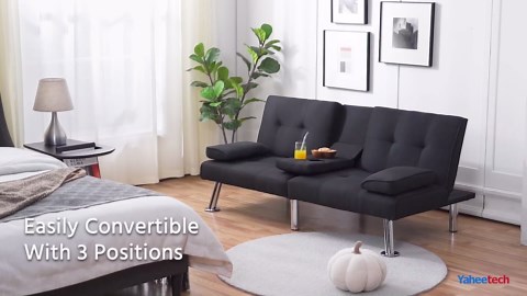 Yaheetech Convertible Sofa Bed Adjustable Fabric Couch Sleeper Modern Recliner Reversible Loveseat Folding Daybed Guest Bed, Removable Armrests, Cup Holders, 3 Angles, 772lb Capacity, Dark Gray