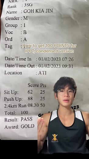 Replying to @Therealbee1601 HOW TO GET 100 points for IPPT, explained. Ps. I did this on a whim so I tried condensing everything into one short video. Hope this helps! NOTE: My training regime is not applicable to everyone i am doing this as i already have built a foundation for running and am able to handle the mileage. #ippt100 #IPPT #running #singapore