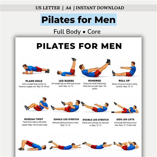 Plano de treino de Pilates para homens para imprimir | Tabela de exercícios de Pilates para o corpo todo em PDF | Rotina de treino para fortalecer o core em casa - Etsy Portugal