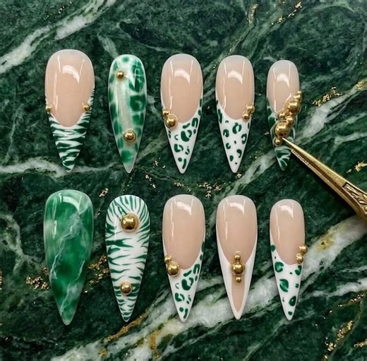 Green Leopard Star Press on Nails, Zebra Print Fake Nails, Gold Bead Decor - Etsy