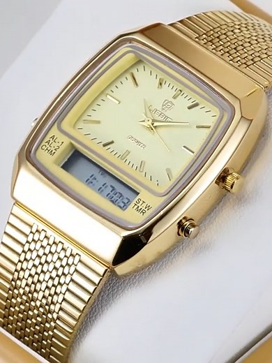 18k waterproof dual display electronic quartz watch solid steel strap watch dual display dual movement