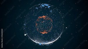 Abstract blockchain moving lines and dots over planet with glowing nucleus inside and particles glittering around.