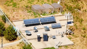 Parkent, Uzbekistan - 10th november, 2023: aerial view various reflectors by The solar furnace of Uzbekistan acting as a parabolic reflector. Institute of the sun and Physics of the sun.