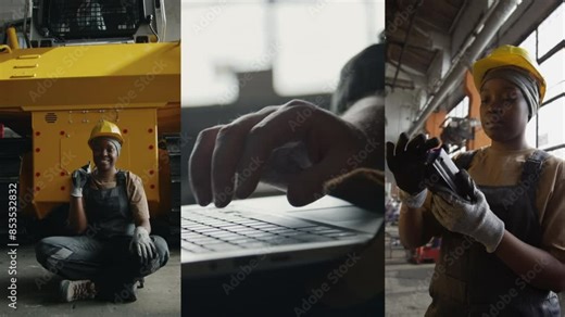 Split screen footage of cheerful Black female mechanic posing for camera with wrench at work in industrial plant, inspecting equipment and hands using laptop