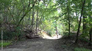 Calvert Cliffs, Maryland USA A man walks on a wooded path through a forested and wetlands landscape.