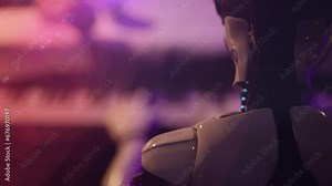 realistic artificial intelligence robot play on piano in blurred closeup. Sheet notes in background and generate music automatic