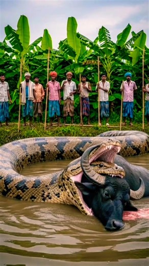 Whole village came with sticks… because the python ordered buffalo for lunch 😳🐍🐃