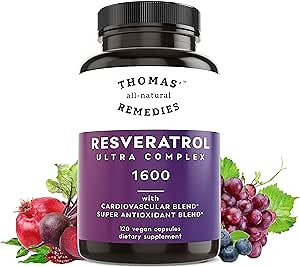 Toms Remedies Organic Trans-Resveratrol Antioxidant Supplement - 1600mg | Anti-Aging & Cardiovascular Support w/ Organic Grape Seed & Quercetin | Non-GMO, Vegan, No Fillers, USA Made (120 Capsules)