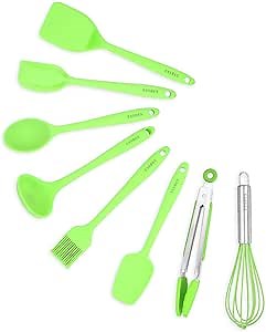 Silicone Mini Kitchen Utensils set of 8 Small Kitchen Tools Nonstick Cookware with Hanging Hole (green)