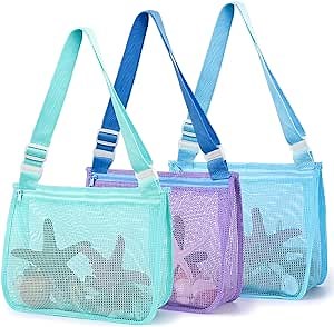 AMOR PRESENT 3PCS Seashell Collecting Bags, Mesh Beach Bags Colorful Seashell Bags Adjustable Strap for Holding Shell Sea Pool Sand Toy