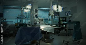 Empty Operating Room is Illuminated by Advanced Surgical Lights, Showcasing Modern Medical Equipment and Sterile Preparation for Upcoming Surgical Procedures. Footage Without People in Modern Clinic