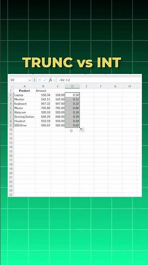 How to separate decimals with out rounding up in excel #shorts #exceltips