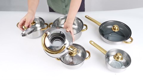 Nonstick Pots And Pans Set, 12 Piece Stainless Steel Non-stick Kitchen Cookware Set Golden Handle Easy Clean