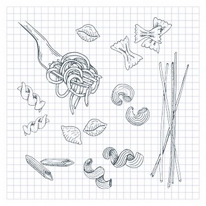 Hand drawn pasta set. Sketched pasta collection, on checkered...