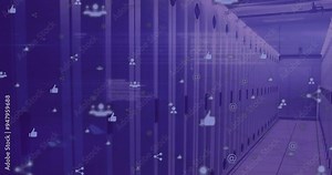 Social media icons animation over data center server racks