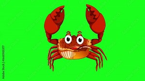 Crab walking animation 2d cartoon on green screen, The lobster character is smiling and snapping its claws, a looped animation. Alpha channel