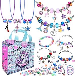 AIPRIDY 208 Pieces Charm Bracelet Making Kit,Unicorn Mermaid Crafts Gifts Set Can Inspires Imagination and Creativity,Jewelry Making Kit Perfect Gifts for Girls 5-12 Years Old (Pink+Aqua Unicorn)