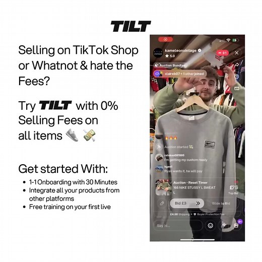 Sick of watching 10–15% vanish in fees every time you sell? 😤💸 The discounts, returns and platform cuts are squeezing your margin to pennies. On TILT, seller fees are 0%—keep your profit, not your platform’s. 👟📦 We’ll import your products in minutes, give you 30-min 1:1 onboarding, and coach your first live for free. ⚡️ Ready to stop bleeding cash and start keeping the cut? | Tilt App