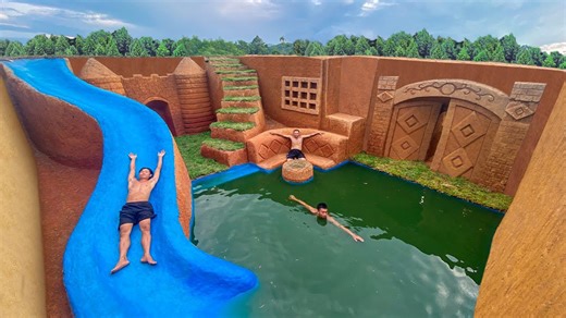 250 Days Built Underground Temple Tunnel House and Water Slide Swimming Pool