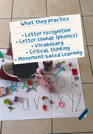 Tuesday Spotlight Activity ✨ Alphabet sound hunt 🔤 Write the letters on a poster. Kids find objects around the house that match the letter sound and place them on it. Learning through play always wins. #phonicsfun #earlyliteracy #learningthroughplay #homeschoolideas #momteachermode