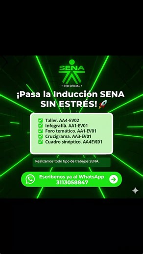 ¡Pasa la Inducción SENA SIN ESTRÉS! 🚀🚀 🚨 ¿Atrasado con las Evidencias de Inducción? 🚨 ¡Yo te rescato! Me encargo de tus tareas clave para que tú te enfoques en lo importante. ✅ Realización 100% profesional de: Taller. AA4-EV02 Infografía. AA1-EV01 Foro temático. AA2-EV01 Crucigrama. AA3-EV01 Cuadro sinóptico. AA4-EV01 Tu beneficio: Trabajos de alta calidad, entrega puntual y confidencialidad total. 👍 ¡No pierdas tiempo! Escríbeme ahora. ¡Asegura tu avance en el SENA! #SENA #EstudiaEnElSENA 