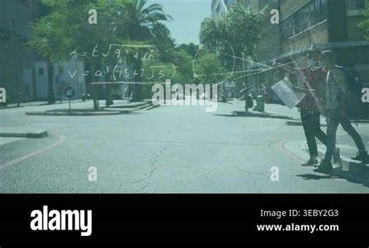 Two men crossing street consulting map, sparking translucent math formulas drifting for education. Duo, chalkboard, equations, urban, daylight, backpack, documents Stock Video Footage - Alamy