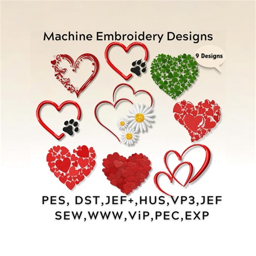 Hearts Embroidery Designs Set, 9 Piece Bundle, Valentine Love Pattern, Simple Stitch, Pes Dst Jef - Etsy