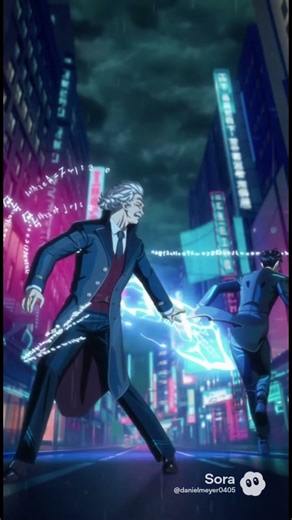 Epic anime battle between Albert Einstein and Nikola Tesla in a cyberpunk city #animation #anime #ai