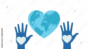 world heart day animation with hands up and earth with heart shape