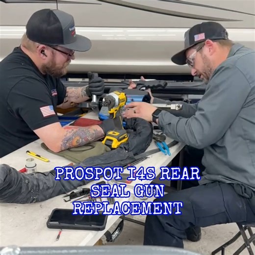 James & Josh applying the final touches to a ProSpot i4S rear seal gun replacement. Powered by Pro Spot International Inc. Delivered by Weldrite Repair. Visit WeldriteRepair.com for all your shop supplies, support, and service needs. #Torcheads #WeldriteRepair #ProSpotPartner #CollisionRepair | Weldrite Repair