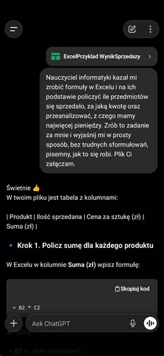 Jak ChatGPT pracuje z plikami excel? Prompt: "Nauczyciel informatyki kazał mi zrobić formuły w Excelu i na ich podstawie policzyć ile przedmiotów się sprzedało, za jaką kwotę oraz przeanalizować, z czego mamy najwięcej pieniędzy. Zrób to zadanie za mnie i wyjaśnij mi w prosty sposób, bez trudnych sformułowań, pisemny, jak to się robi. Plik Ci załączam." https://inzynierowiejutra.pl/ #InżynierowieJutra #ChatGPTDlaMłodychUmysłów #chatgpt | Inżynierowie jutra | Facebook