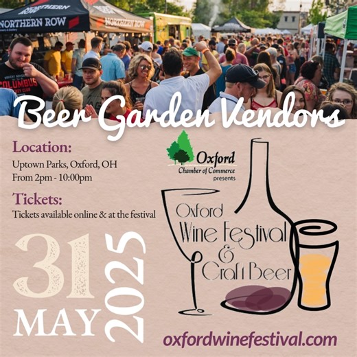 Craft beer lovers, rejoice! 🍻 The Oxford Wine & Craft Beer Festival hosted by the Oxford Ohio Chamber of Commerce is bringing in special brews to sample at the Beer Garden—the festival hot spot for local and regional craft beer fans! Sample pours from an incredible lineup, including: 🍺 Misrule Brewing (Oxford’s very own!) 🍺 Brink Brewing Company (College Hill) 🍺 Swine City Brewing (Fairfield) 🍺 Cartridge Brewing (Maineville) 🍺 Sonder Brewing (Mason) 🍺 Third Eye Brewing Company (Cincinnati