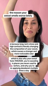 why your sweat smells MUCH WORSE when you’re stressed 👇🏼 stress sweat is real, and it’s different from your regular sweat 🥹 when you’re under constant stress or have unresolved trauma, your body’s nervous system dysregulation kicks in, causing a hormonal imbalance that leads to a stronger, more unpleasant body odor 😮‍💨 this is because your sweat glands that react to stress are different than your sweat glands that react to movement or heat, producing a thicker, more potent odor 🥹 you might