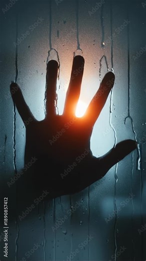 Silhouette Hand Pressing on Wet Glass Light Shining Through