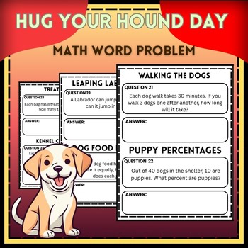 HUG YOUR HOUND DAY MATH WORD PROBLEM WORKSHEET 4th,5th,6th,7th,8th,9th Grade