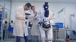 Two technicians are making adjustments to a human-like robot with a drill Stock Video