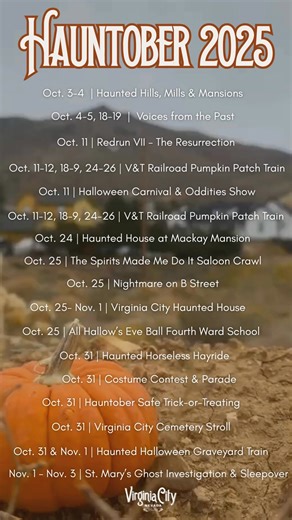 Hauntober has ARRIVED in Virginia City! 👻🎃 All month long, our historic town is filled with tours, parades, train rides, and family fun. We’ve pinned this reel so you can easily see everything happening throughout October. Plan your visit today ➡️https://visitvirginiacitynv.com/events/hauntober-virginia-city/ | Virginia City, NV