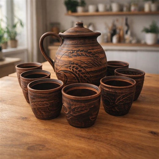 Ceramic Pitcher Set With Cups, Rustic Clay Drinkware, Earthenware Water Jug, Traditional Clay Tableware - Etsy